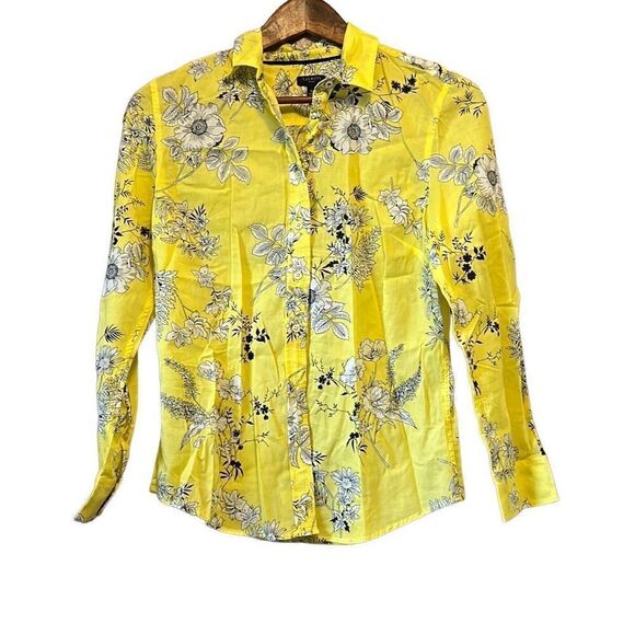 Talbots Floral Button Down Shirt Yellow Black Womens Long Sleeve - Picture 2 of 6